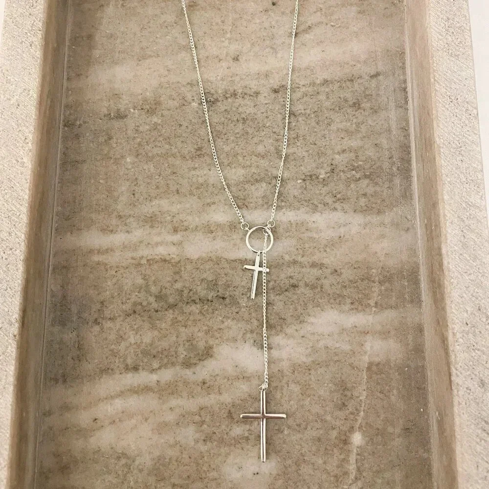 925 Sterling Silver Lariat Cross Necklace Cross Chain Long Drop Necklace - Picture 2 of 6